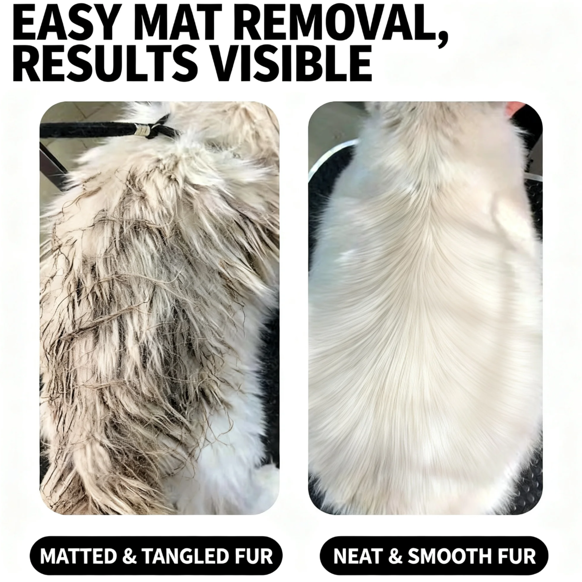 Before and after using the Safe-Edge Undercoat Rake to remove matted undercoat